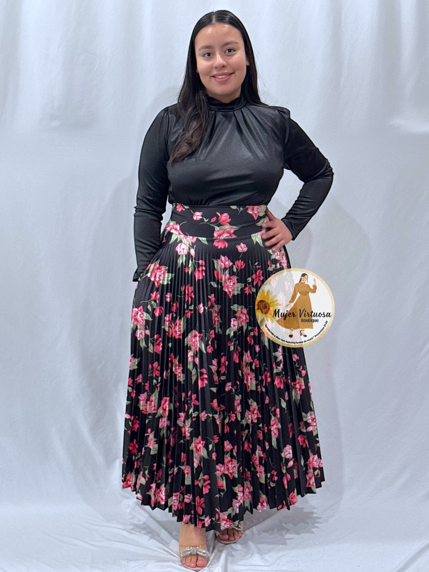 Black & Red Flowers Pleated Satin Skirt