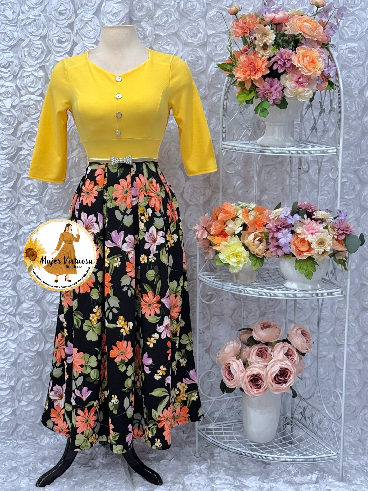Canary Yellow Floral Pleats Dress