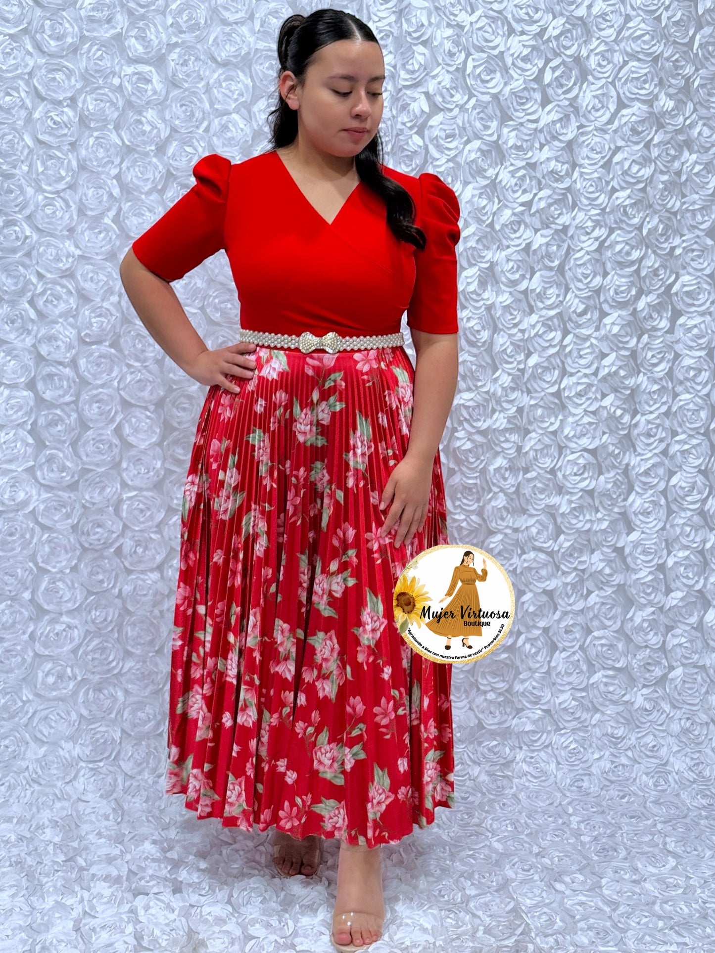 All Red Crepe & Satin Pleated Dress