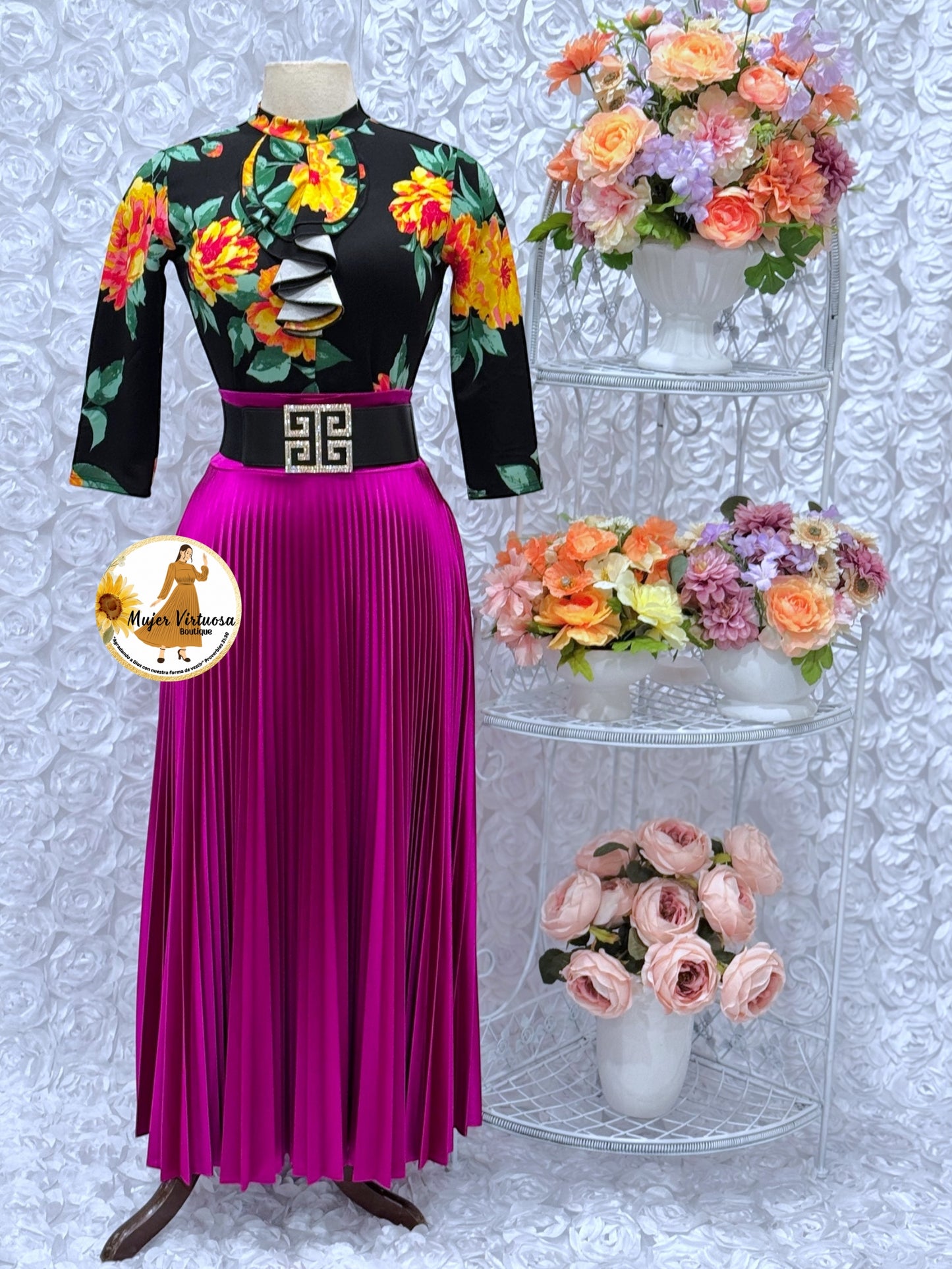 Magenta Pleated Satin Skirt