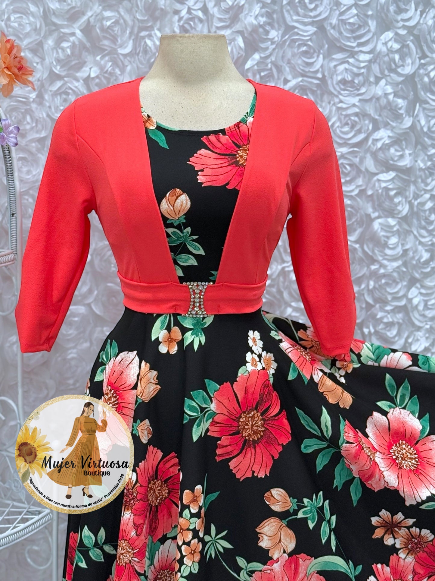 Coral/Black Floral Midi Dress