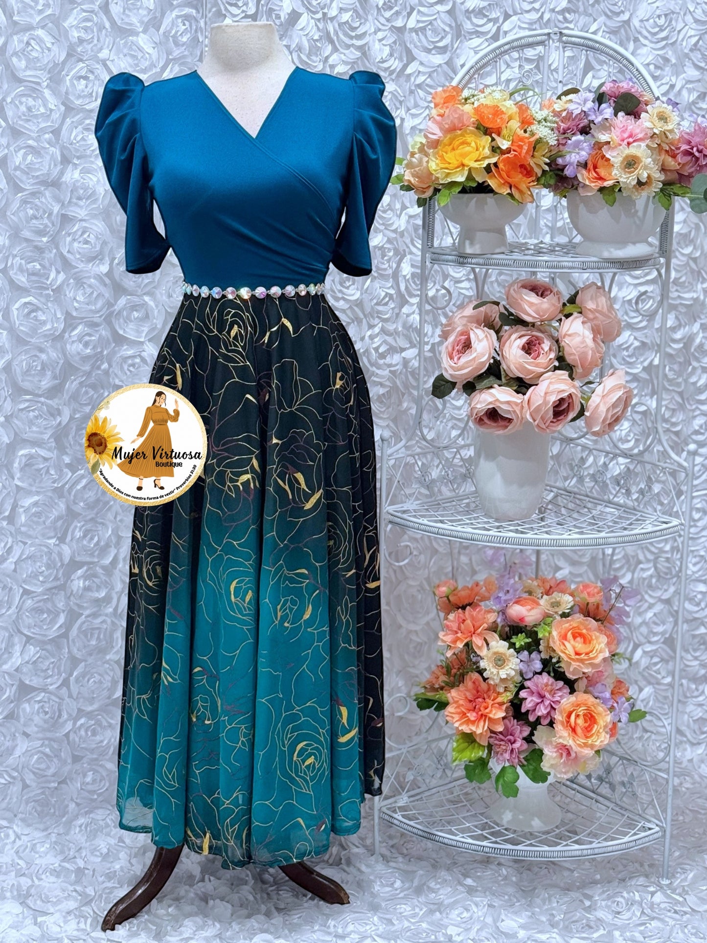 Susan Teal & Gold Ombre Mesh Dress