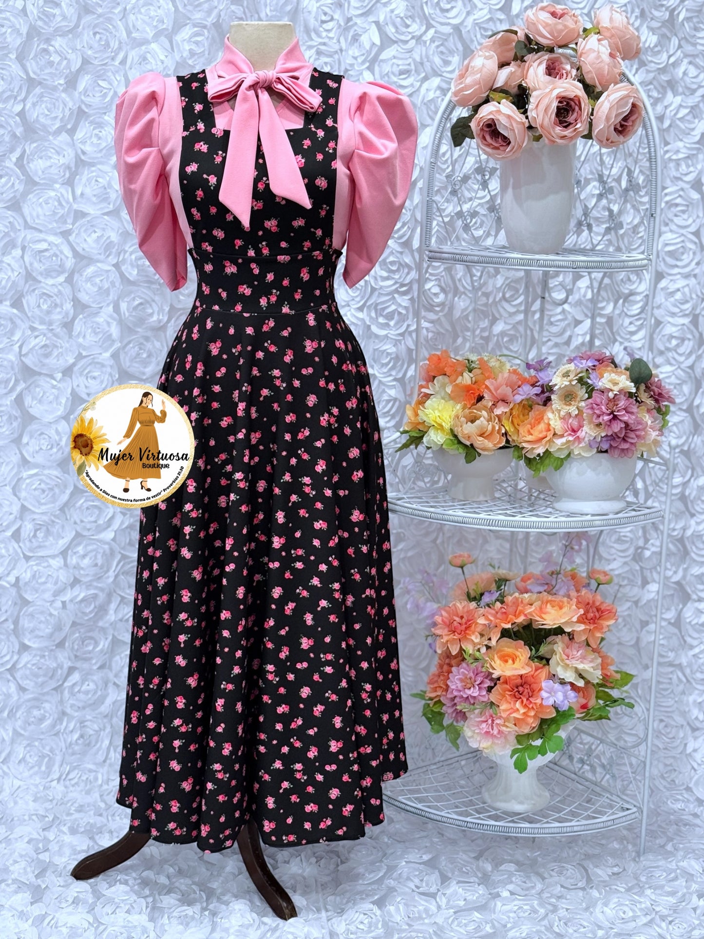 Angie Black/Fucsia Ditsy Floral Overall