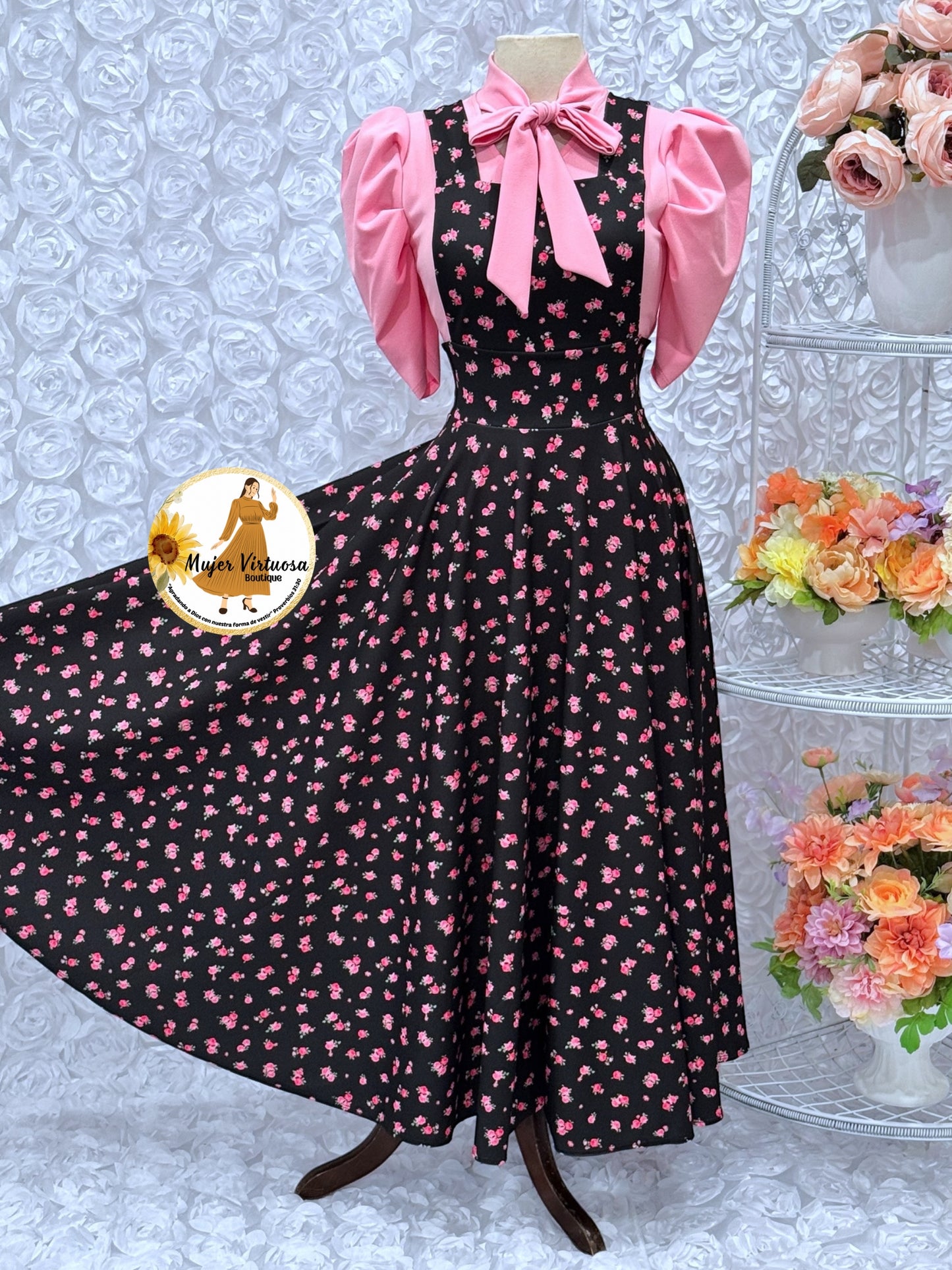 Angie Black/Fucsia Ditsy Floral Overall