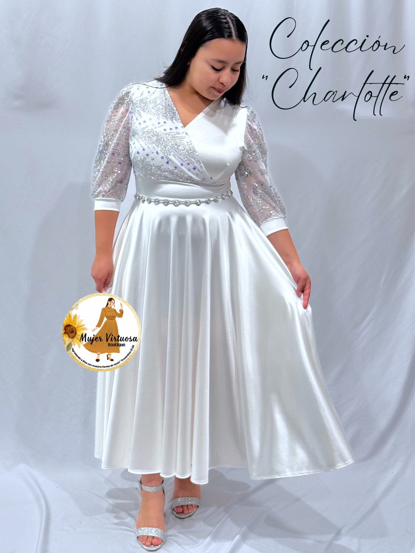 Charlotte White Sequin Satin Dress