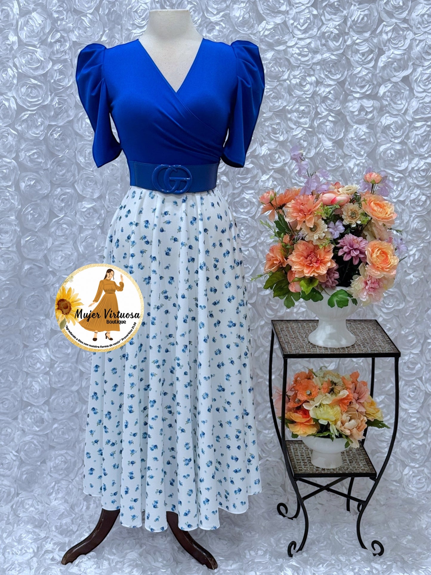 Susan Royal Blue/White Floral Dress