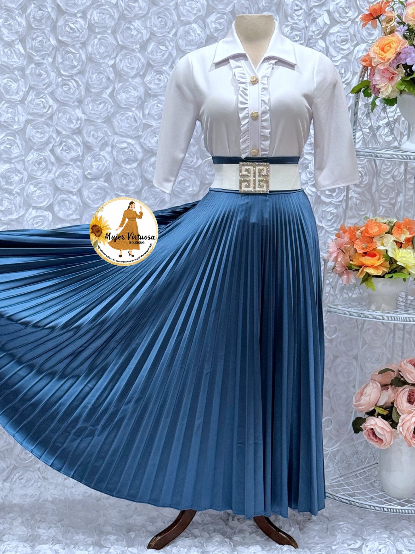 Midnight Blue Pleated Satin Skirt