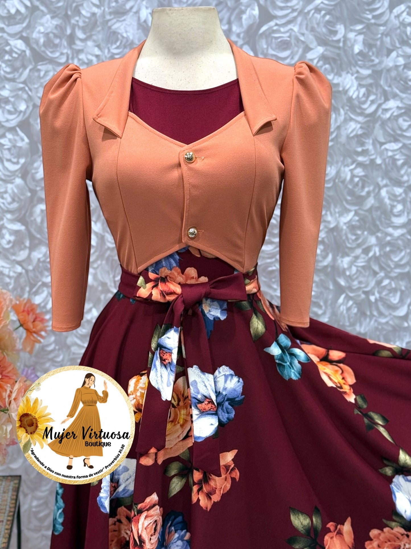 Salmon/Burgundy Floral Vest Dress