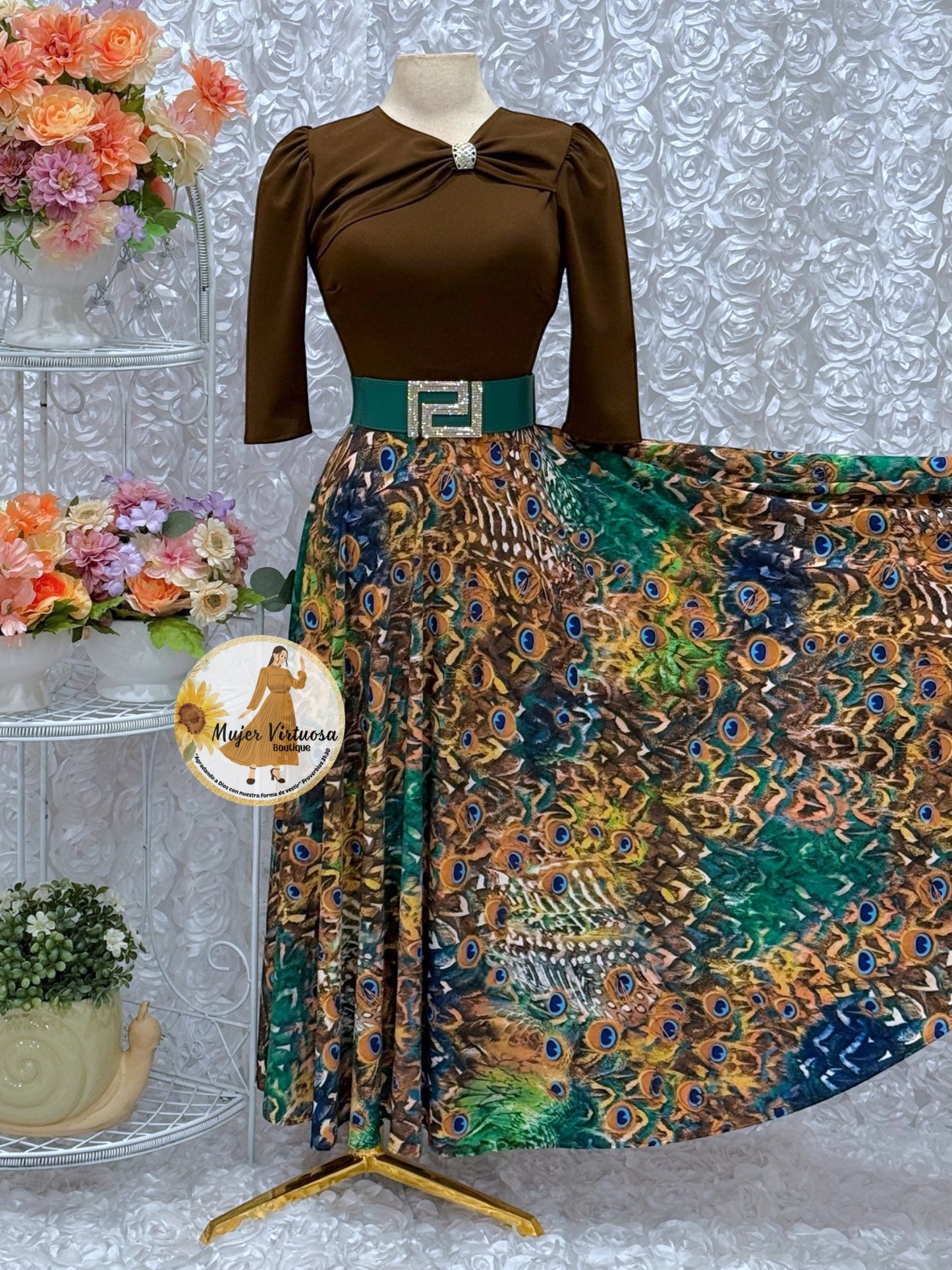 Rosalie Brown Peacock Print Dress