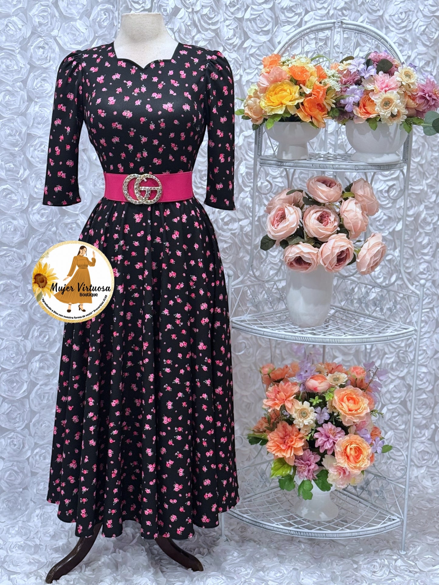 Lucy Black & Pink Ditsy Floral Dress