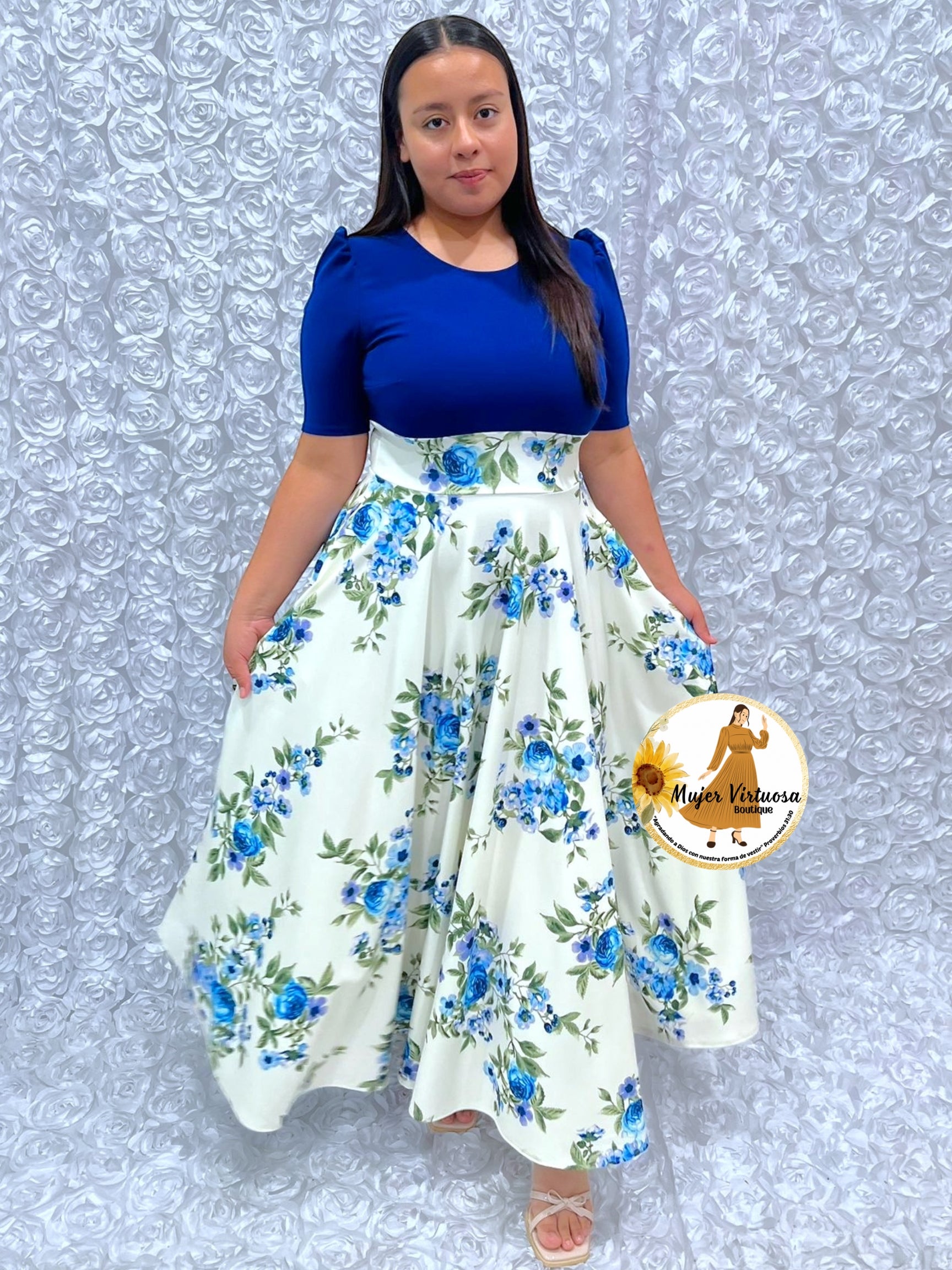 royal blue and white floral dress Laura crystal strap royal blue White flowers scuba