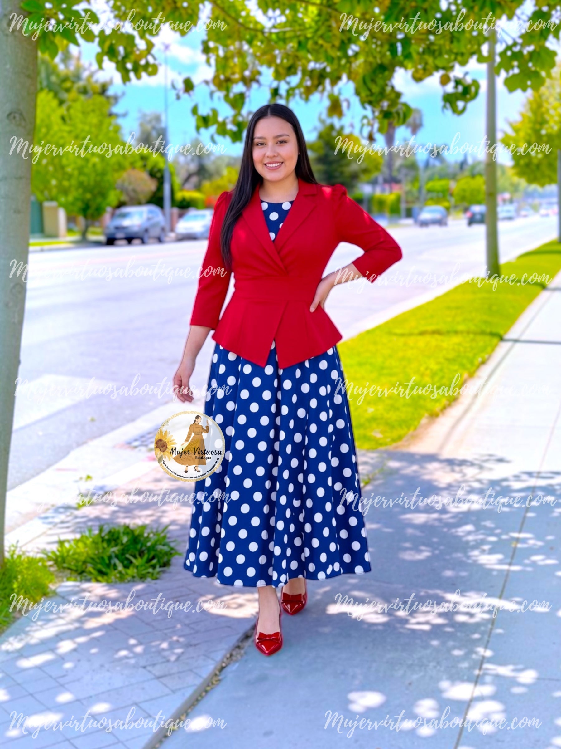blue dress with red polka dots Miss Circle Women's Juliette Polka Dot Chiffon Maxi Dress