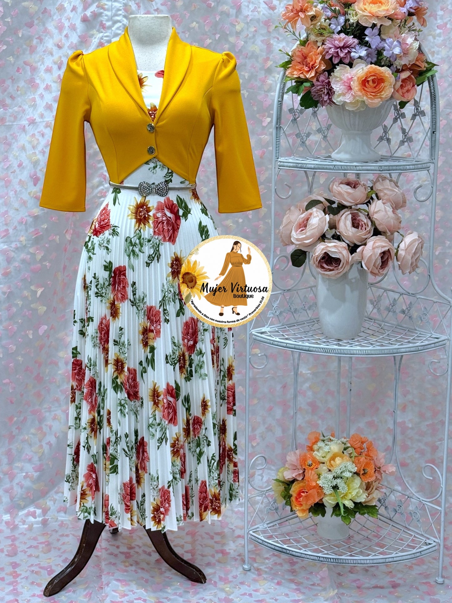 Milena Mustard/White Pleated Dress