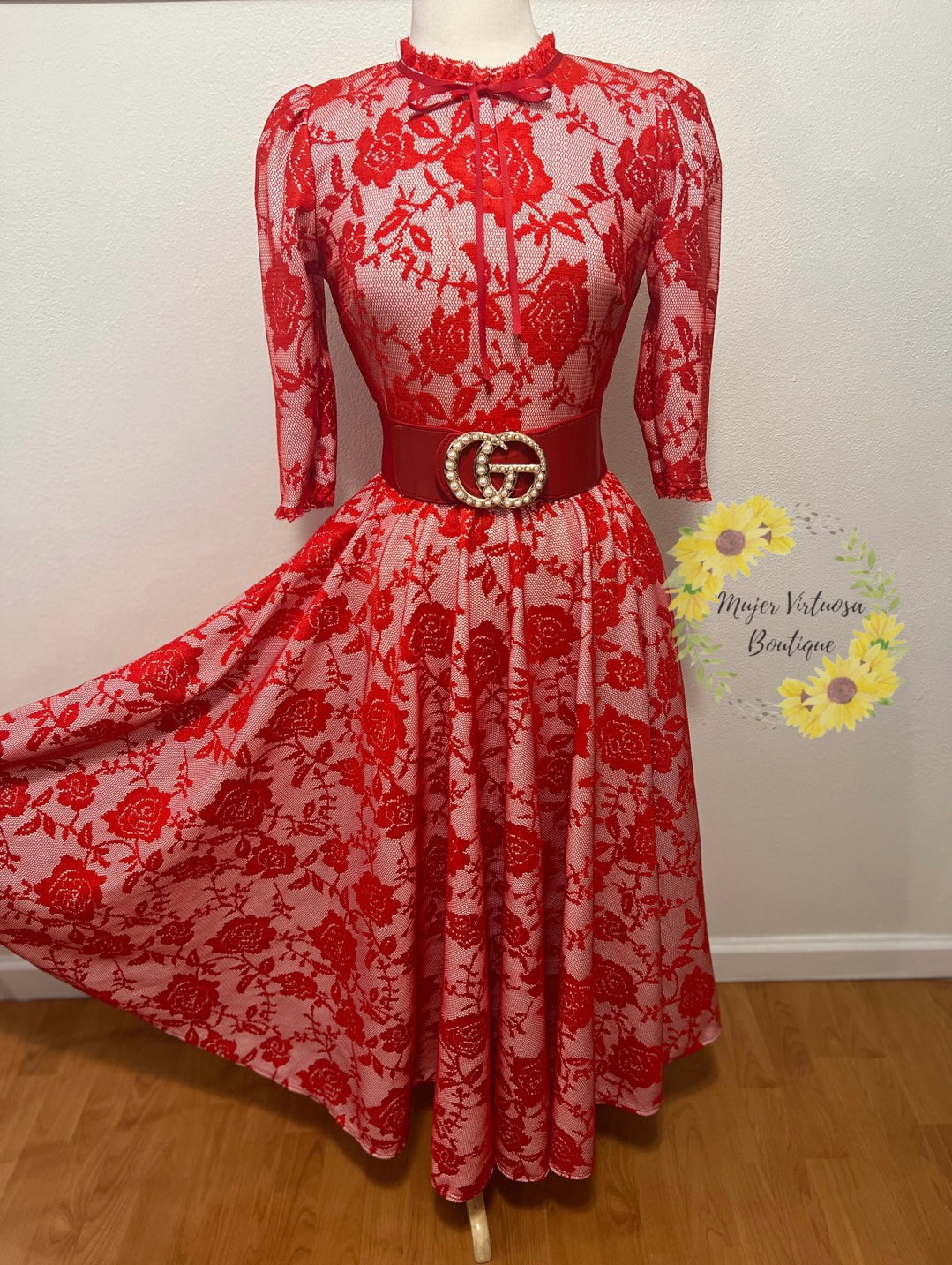 Susann Red Lace Floral Dress
