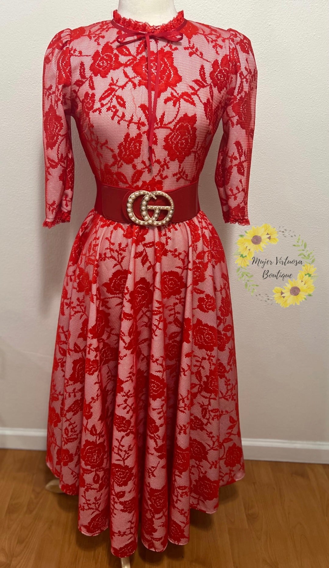 Susann Red Lace Floral Dress