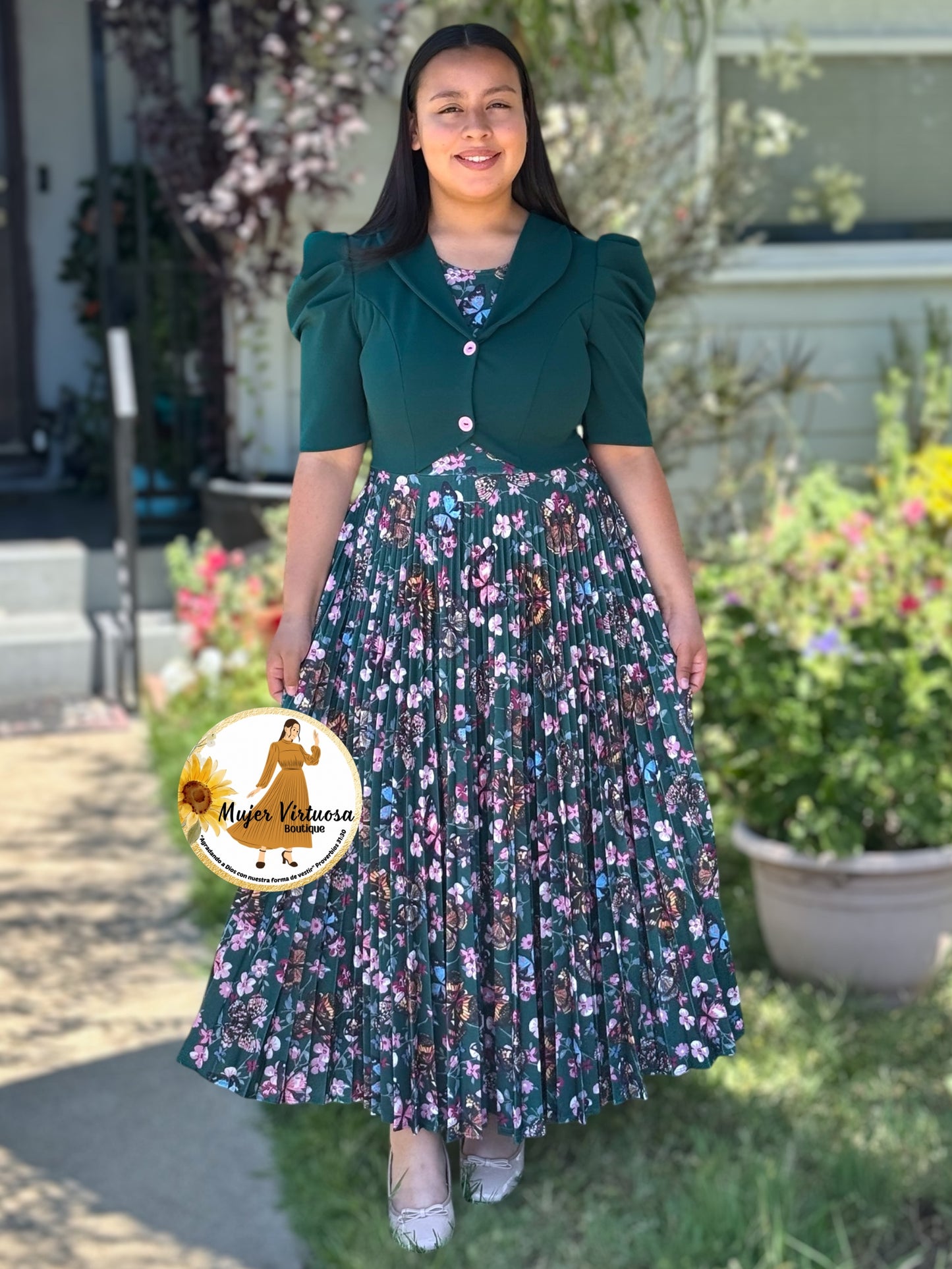 Esther Green Butterfly Pleated Dress