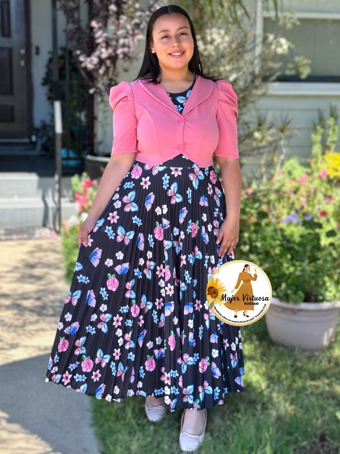 Esther Pink/Black Butterfly Pleated Dress