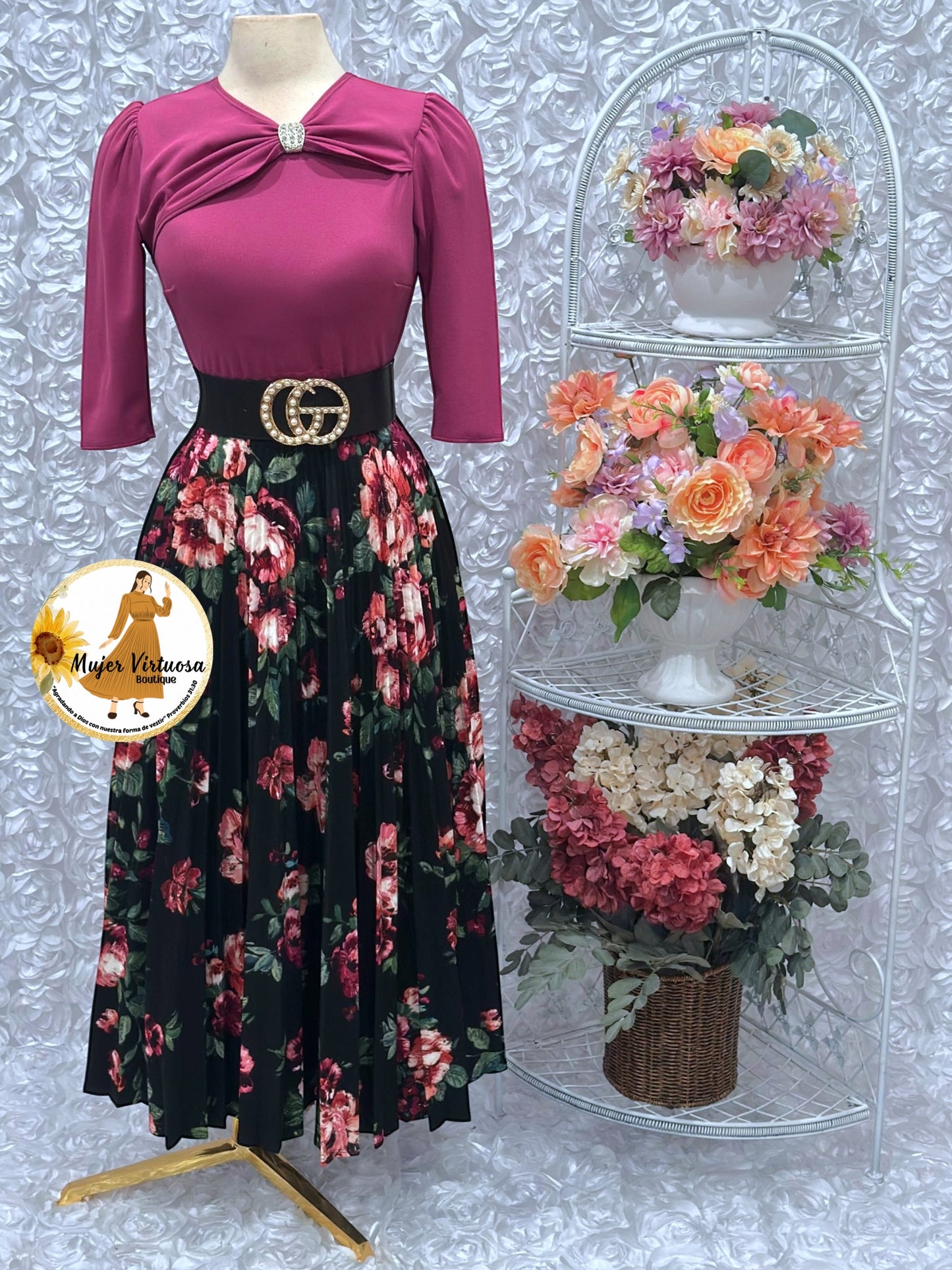 Rosalie Magenta & Black Pleated Dress