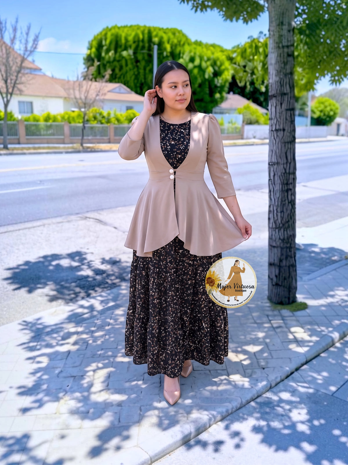 Ruth Black with Brown Floral Dress