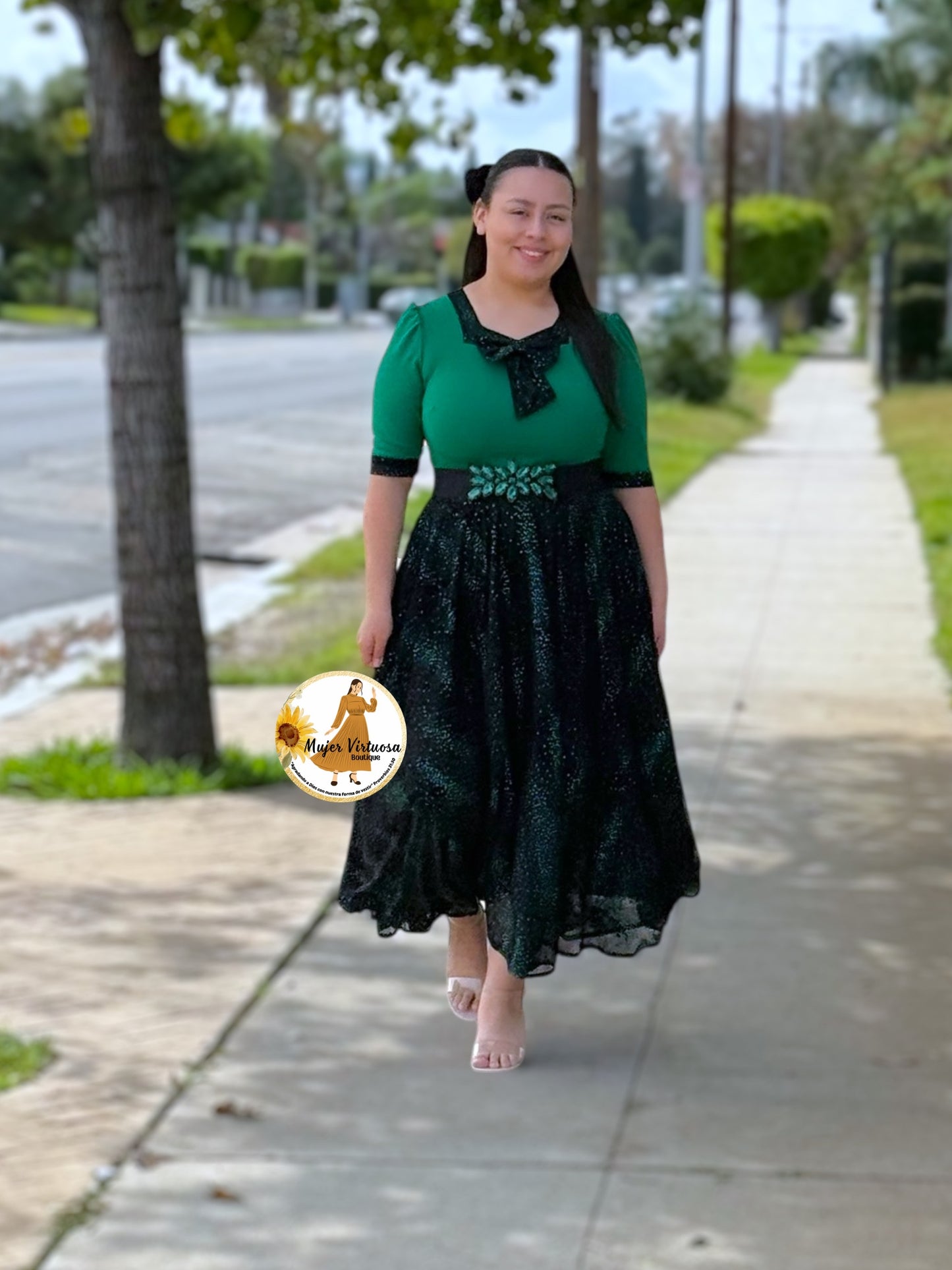 Madelyn Green Mesh Bow Dress