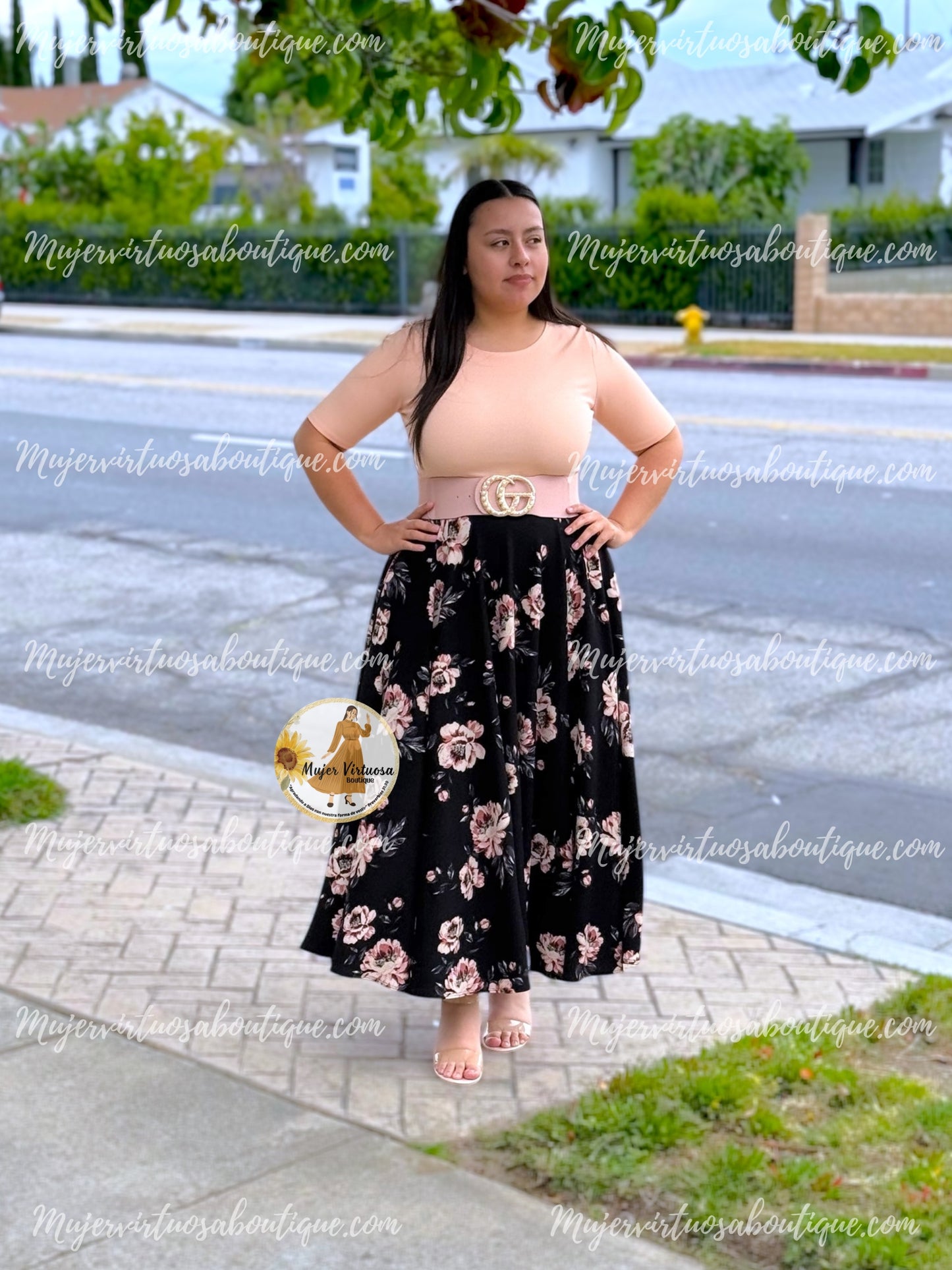 Melon & Black Floral Dress