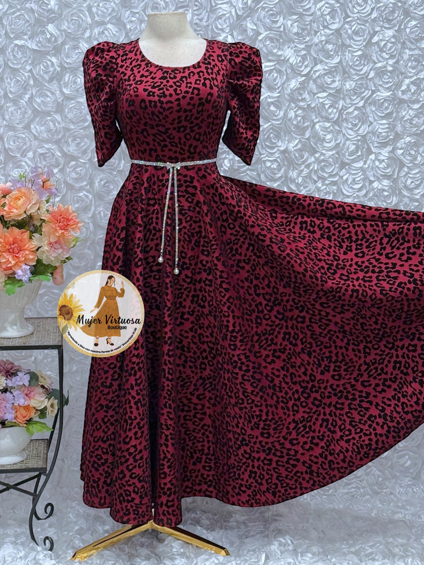Burgundy Animal Print Velvet Dress
