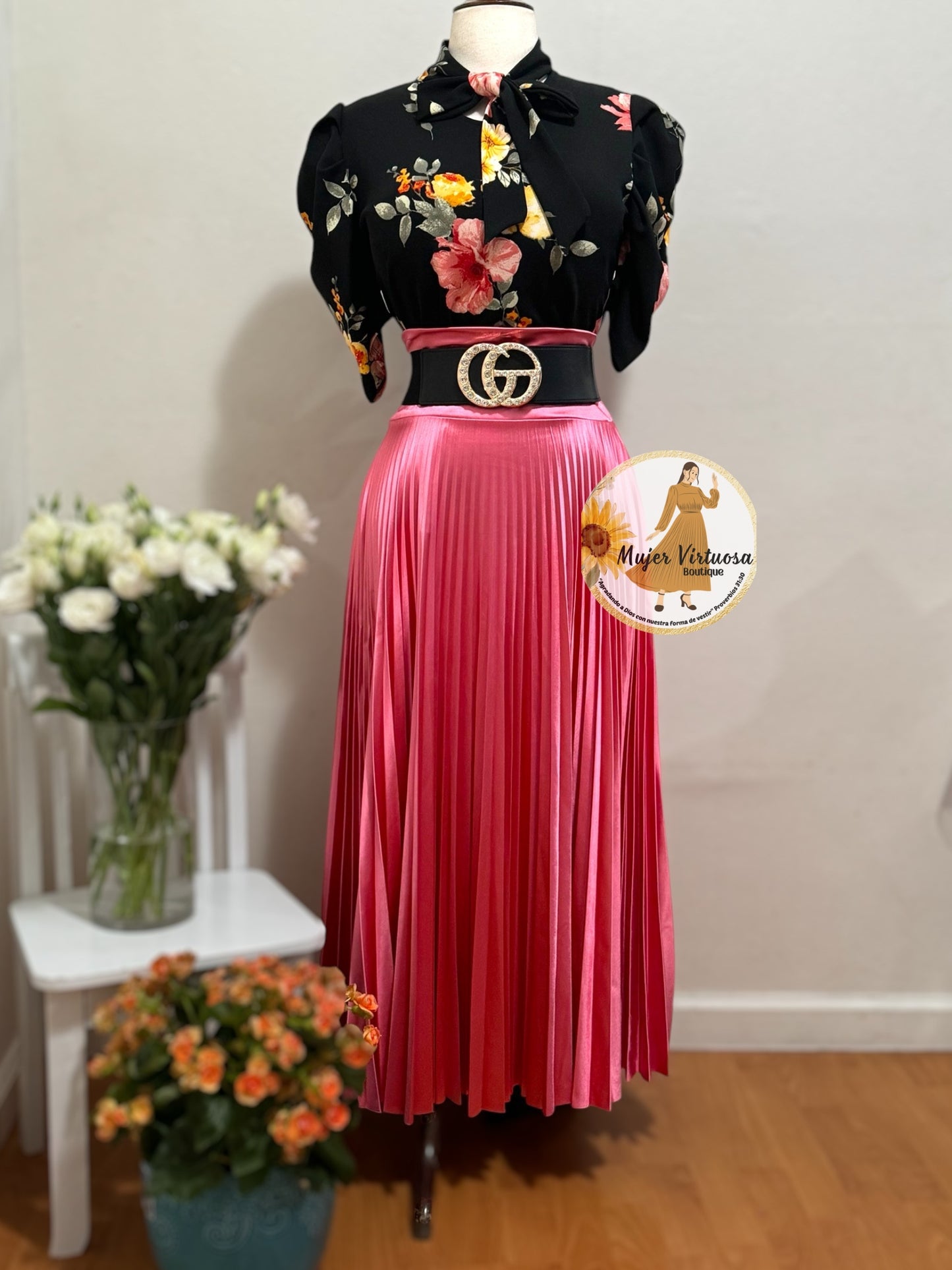 Coral Satin Pleated Skirt