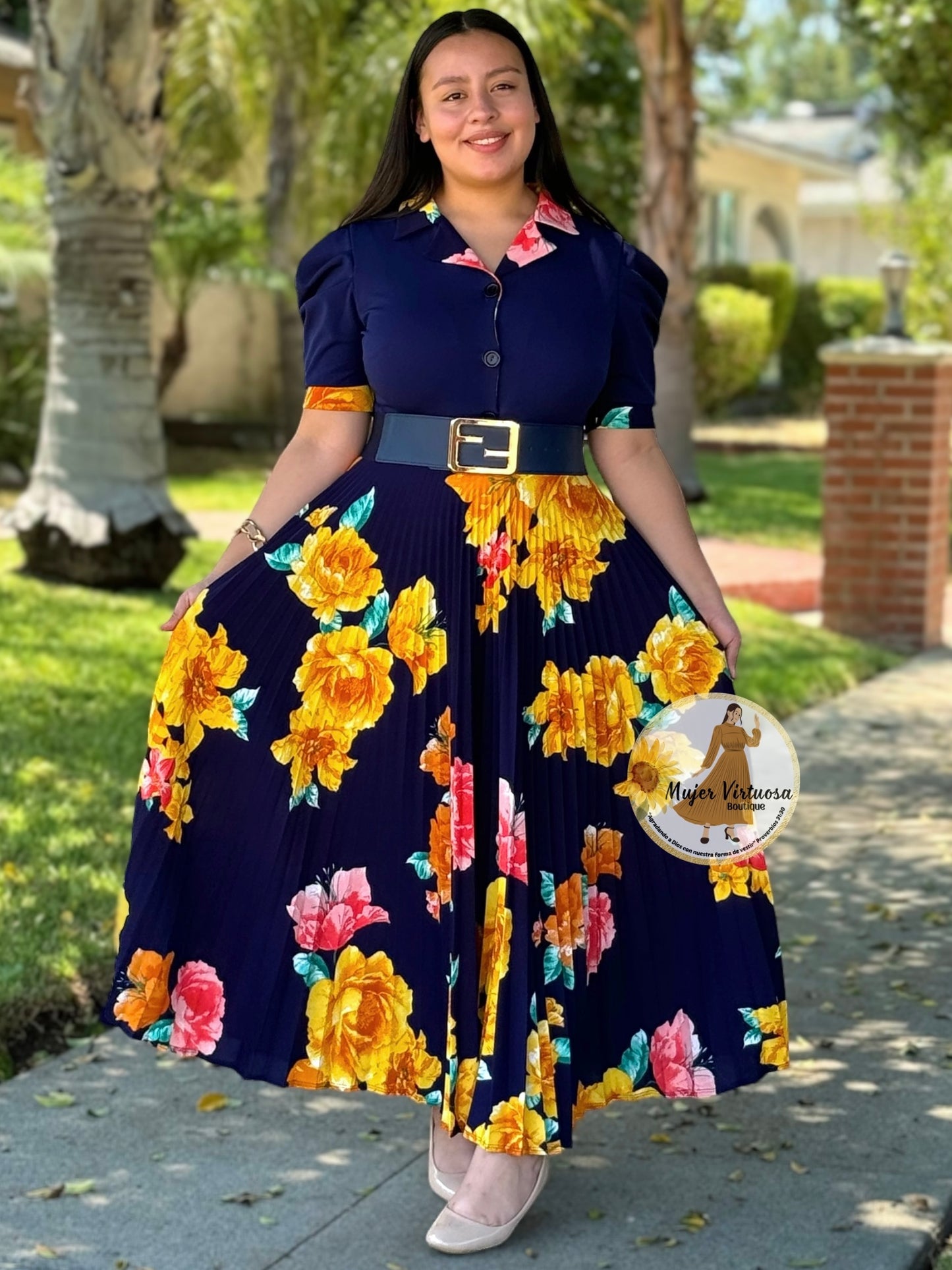 Samara Navy Pleated Floral Dress