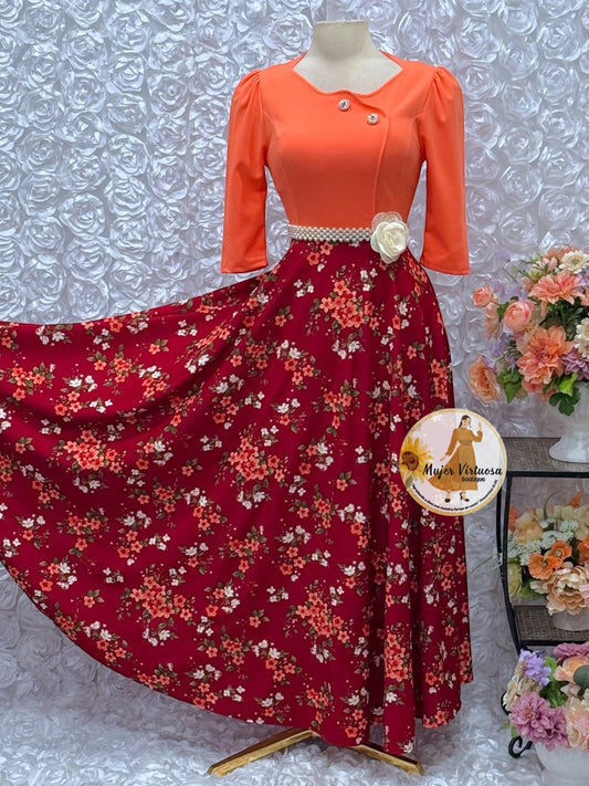 Celeste Orange/Burgundy Floral Dress