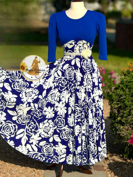 Cristel Royal Blue Floral Pleated Dress