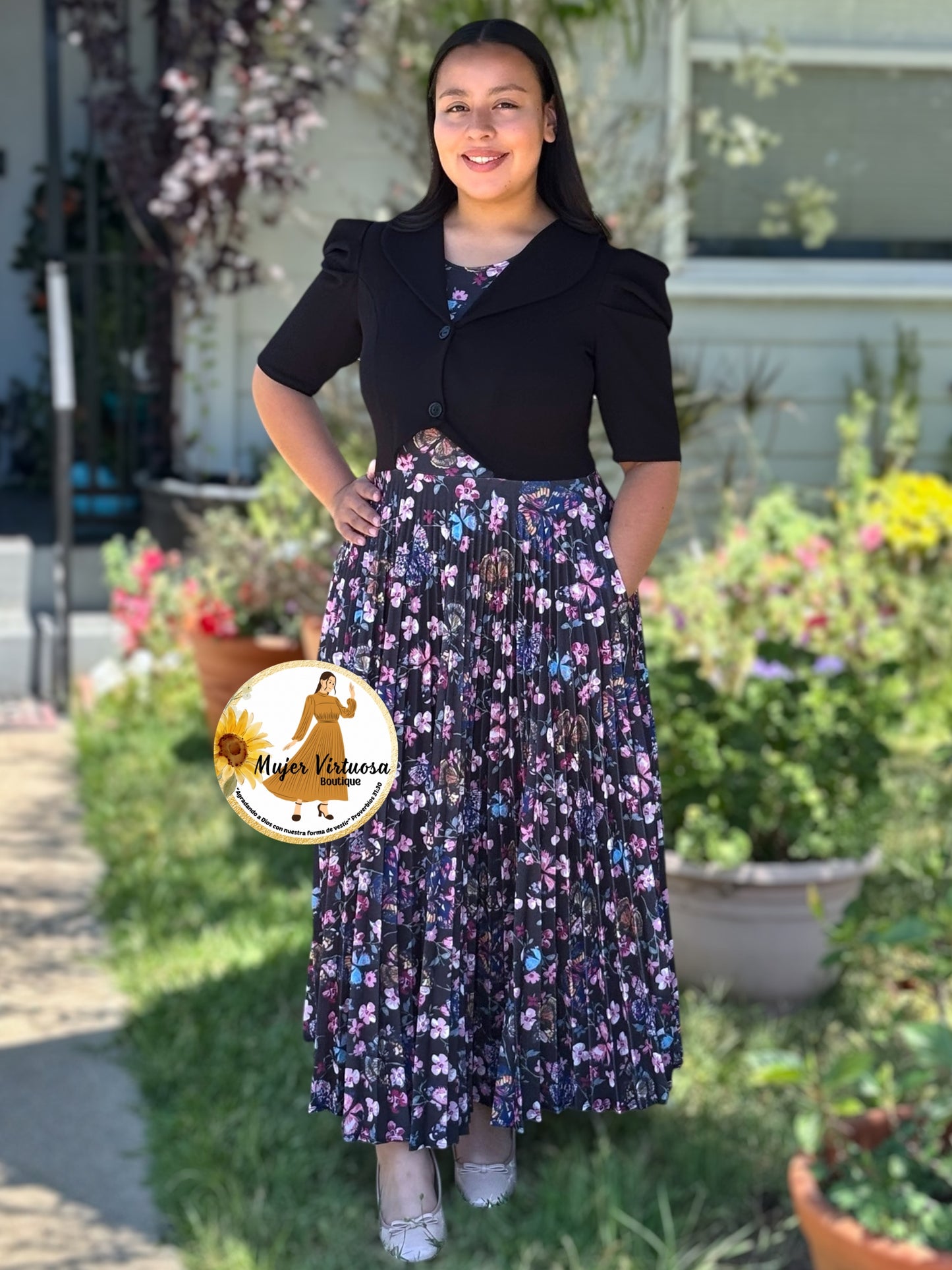 Esther Black Butterfly Pleated Dress