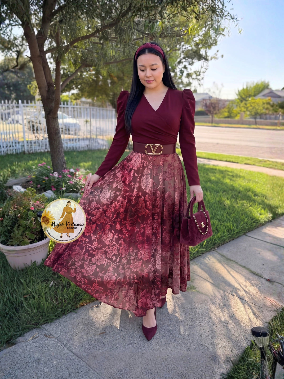 Larissa Burgundy & Velvet Floral Dress