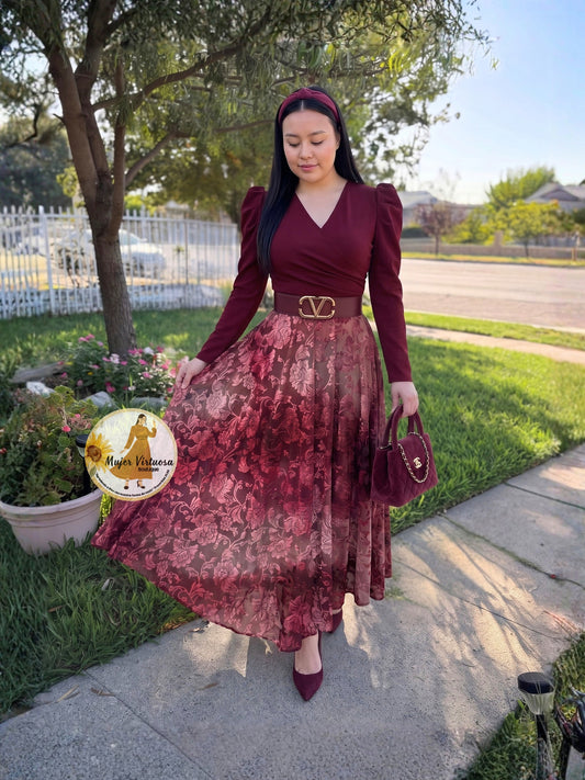 Larissa Burgundy & Velvet Floral Dress