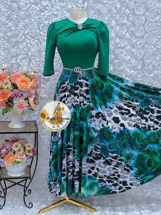 Rosalie Green Peacock Print Dress