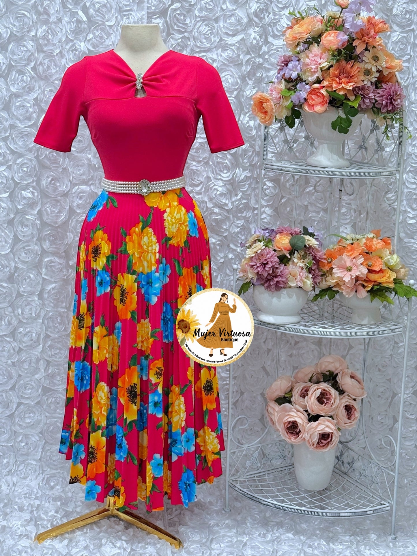 Sandy Fucsia Floral Pleated Dress