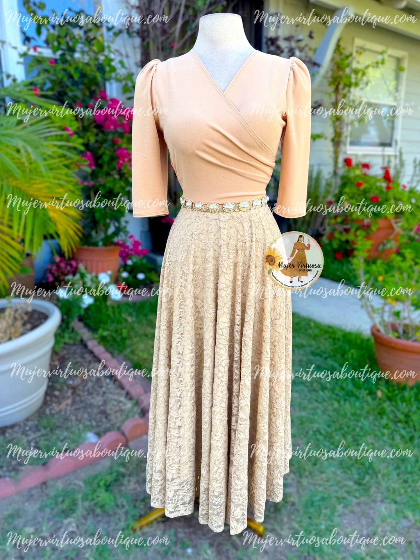 Eva Tan Crepe & Lace Dress