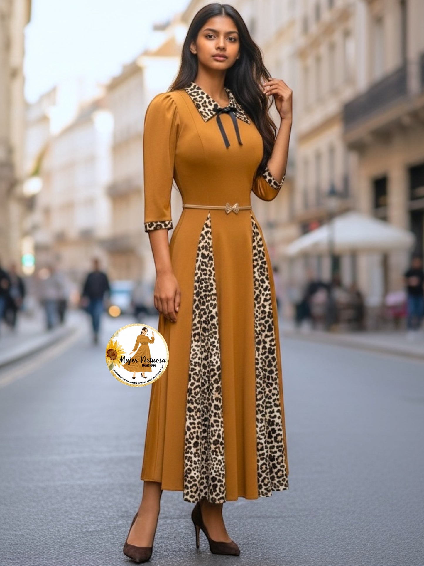 Victoria Camel Animal Print Dress
