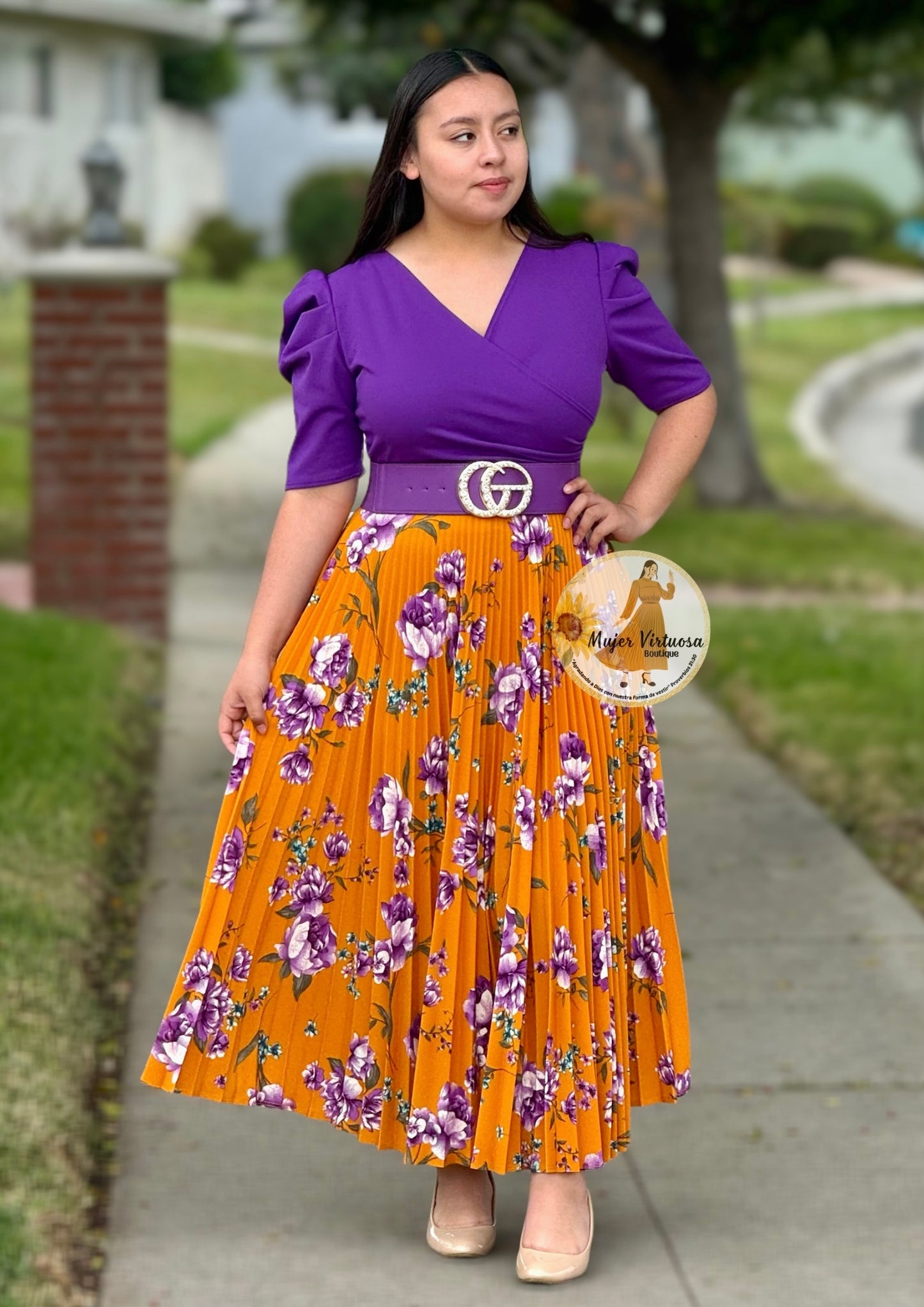 Violet & Mustard Floral Pleated Dress “Jessica”