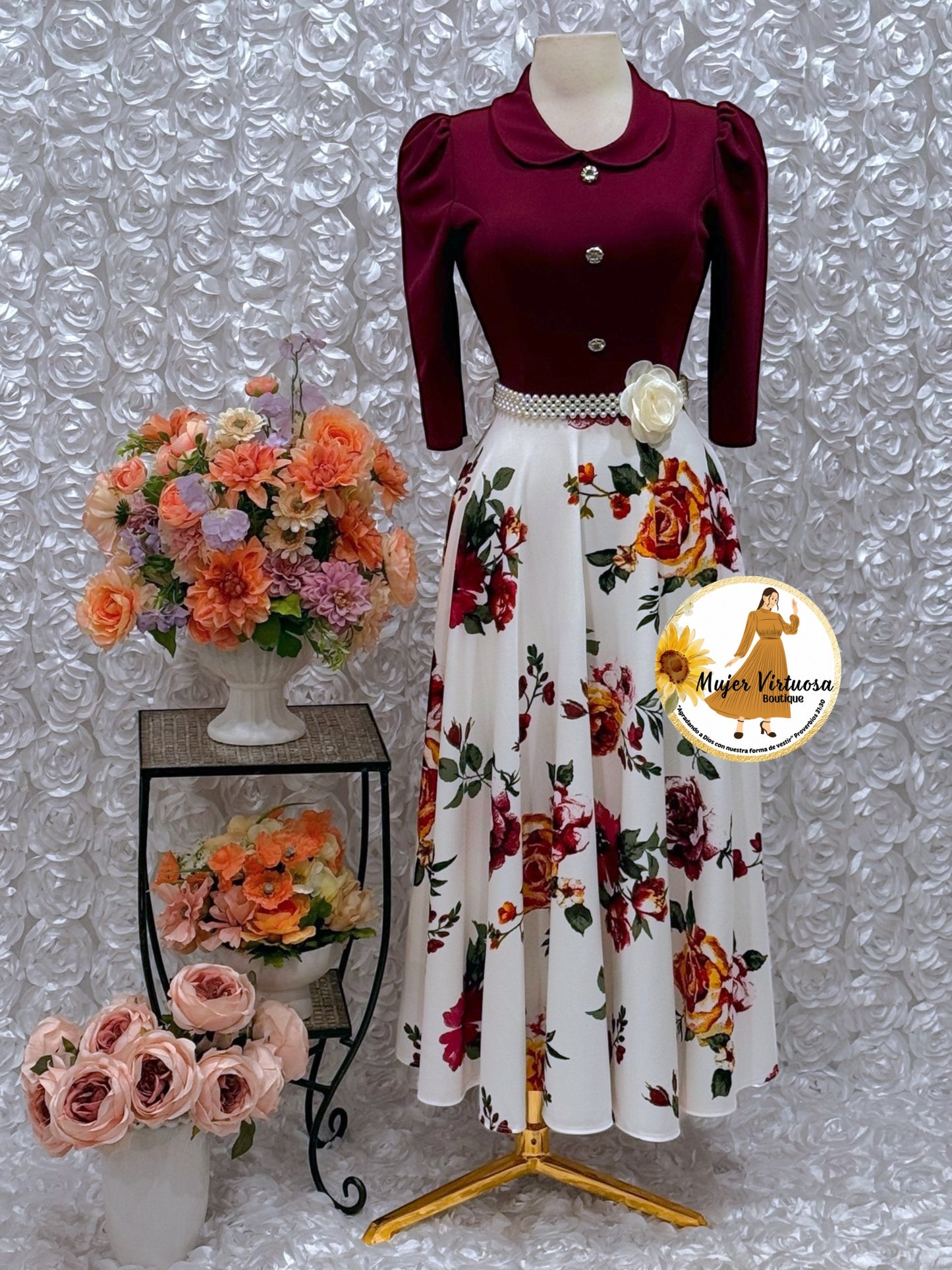 Burgundy/White Floral Dress