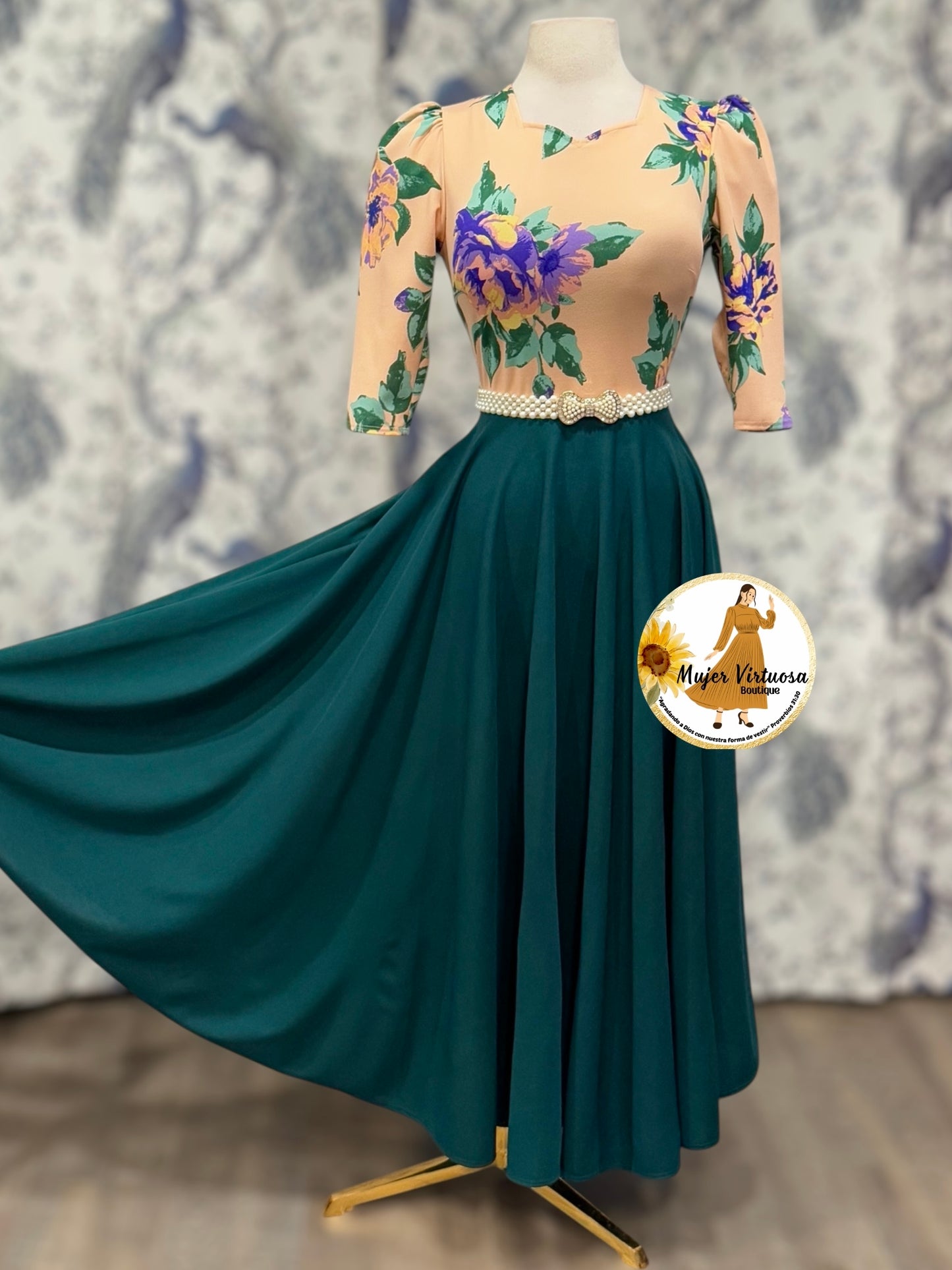 Melon & Hunter Green Floral Dress