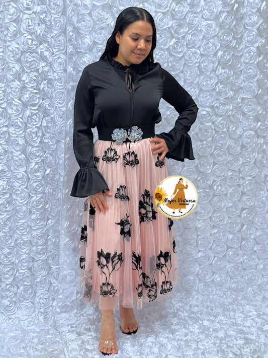 Pink Floral Mesh Midi Skirt