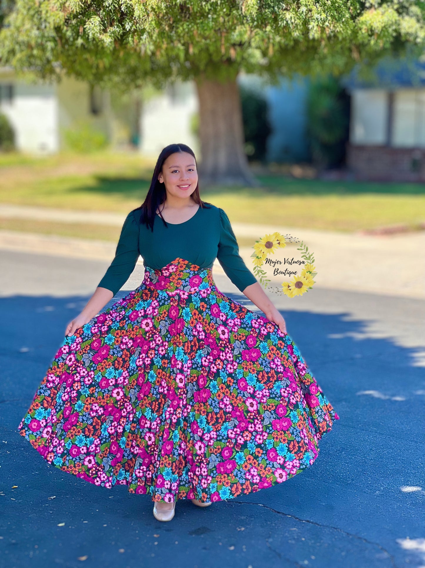 Cristel Green & Pink Floral Pleated Dress