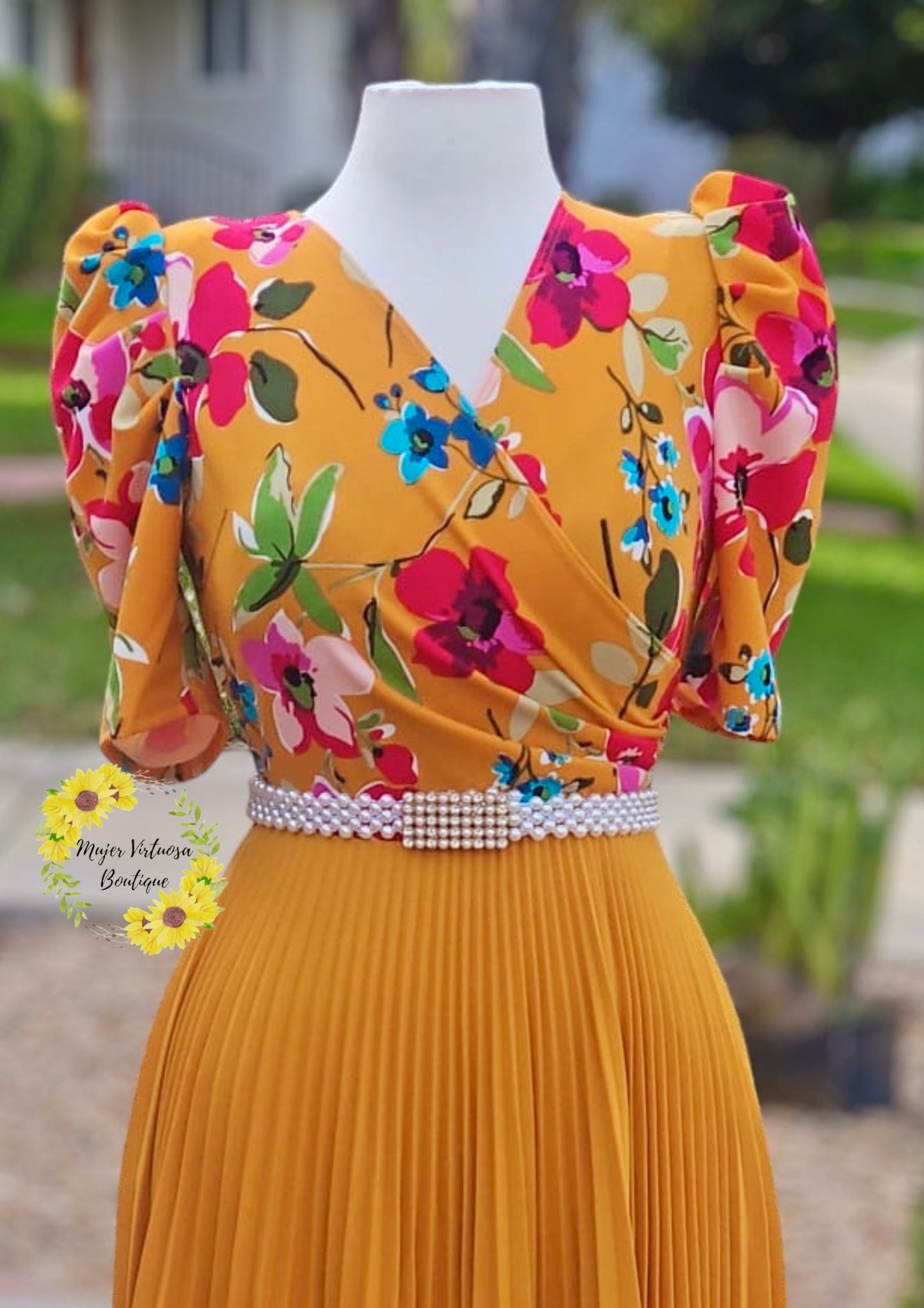 Jessica All Mustard Floral Pleated Dress