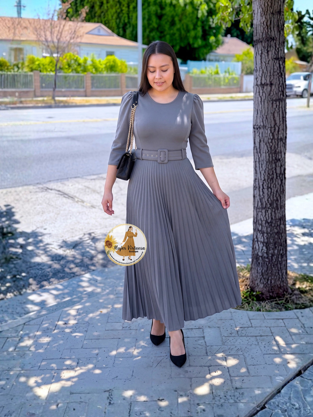 Sheila Grey Pleated Dress
