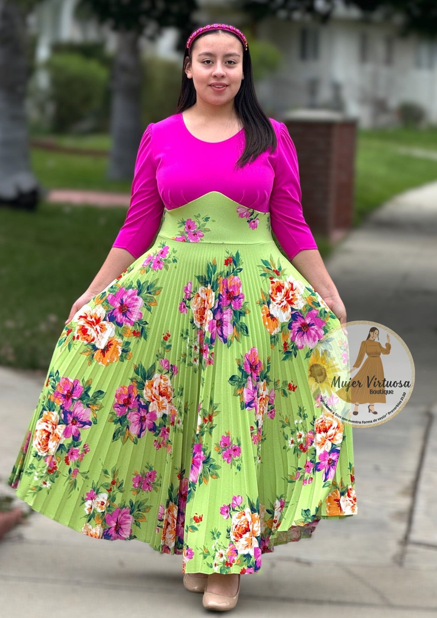 Cristel Fucsia & Lime Floral Pleated Dress