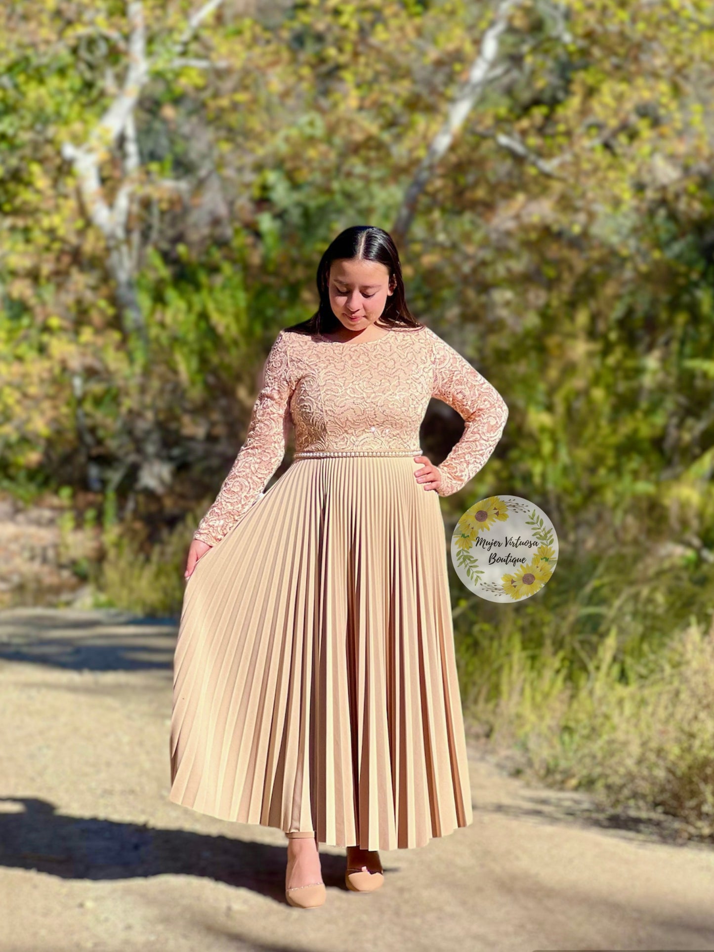 Alida Elegant Beige Pleated Dress