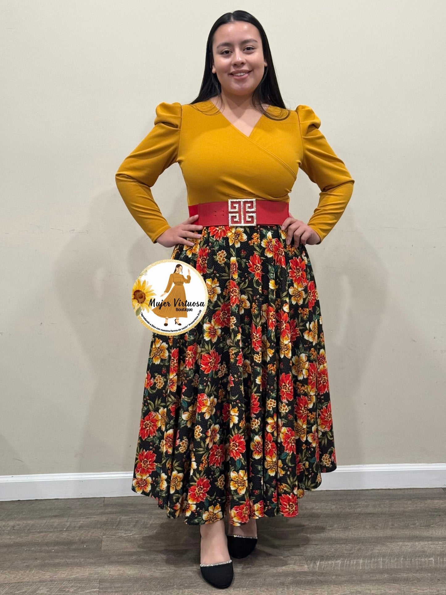 Larissa Mustard & Black Floral Dress