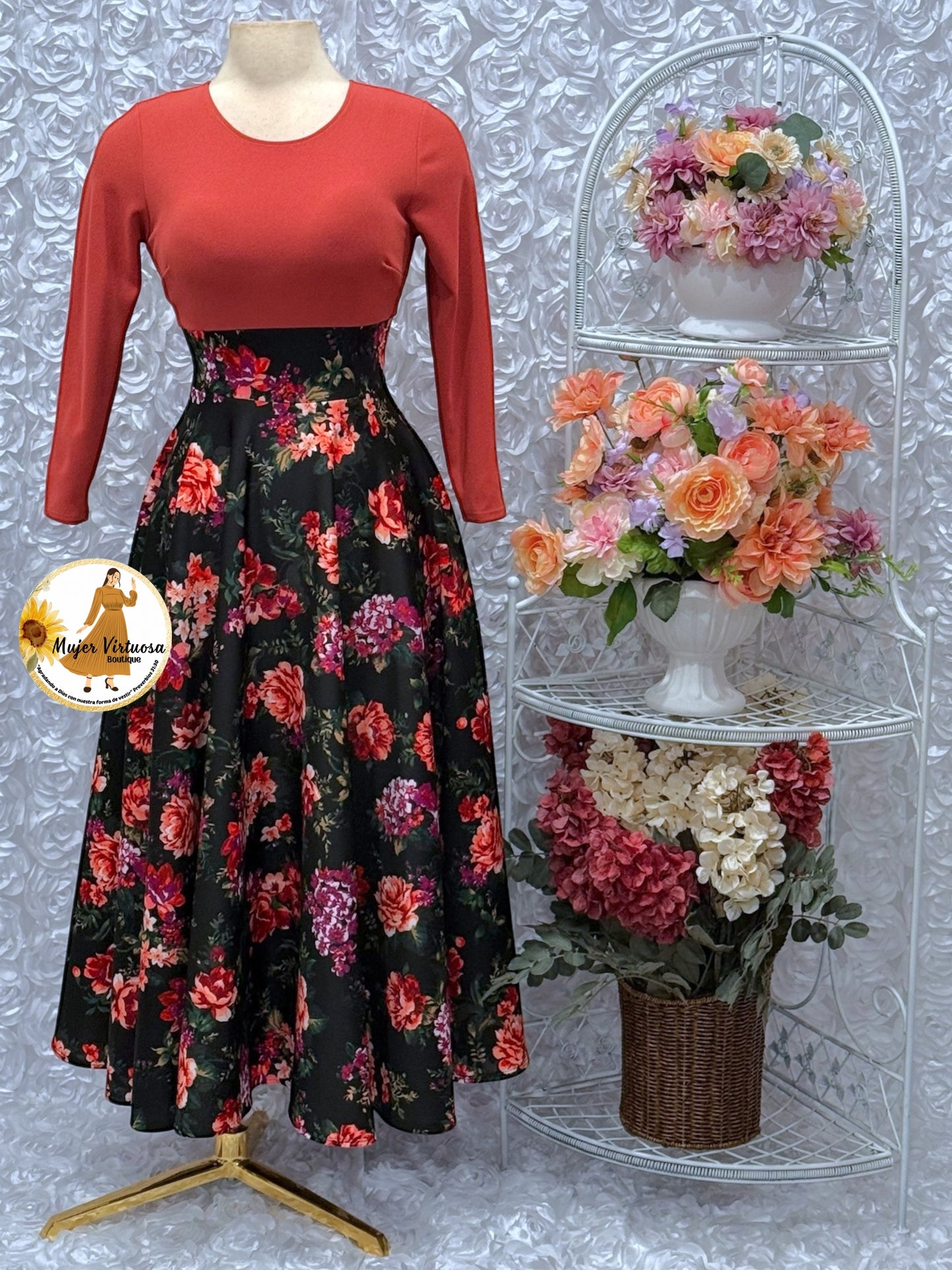Alicia Rust & Black Floral Dress