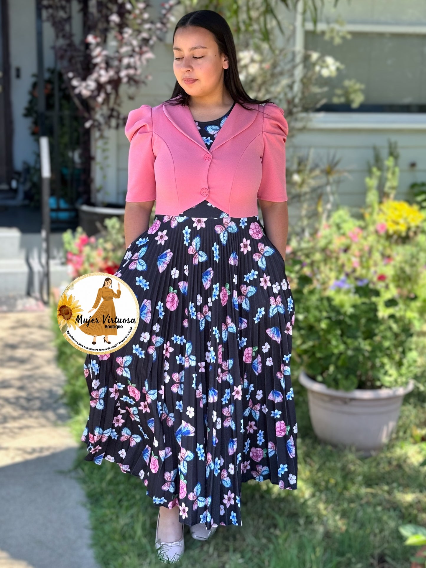 Esther Pink/Black Butterfly Pleated Dress