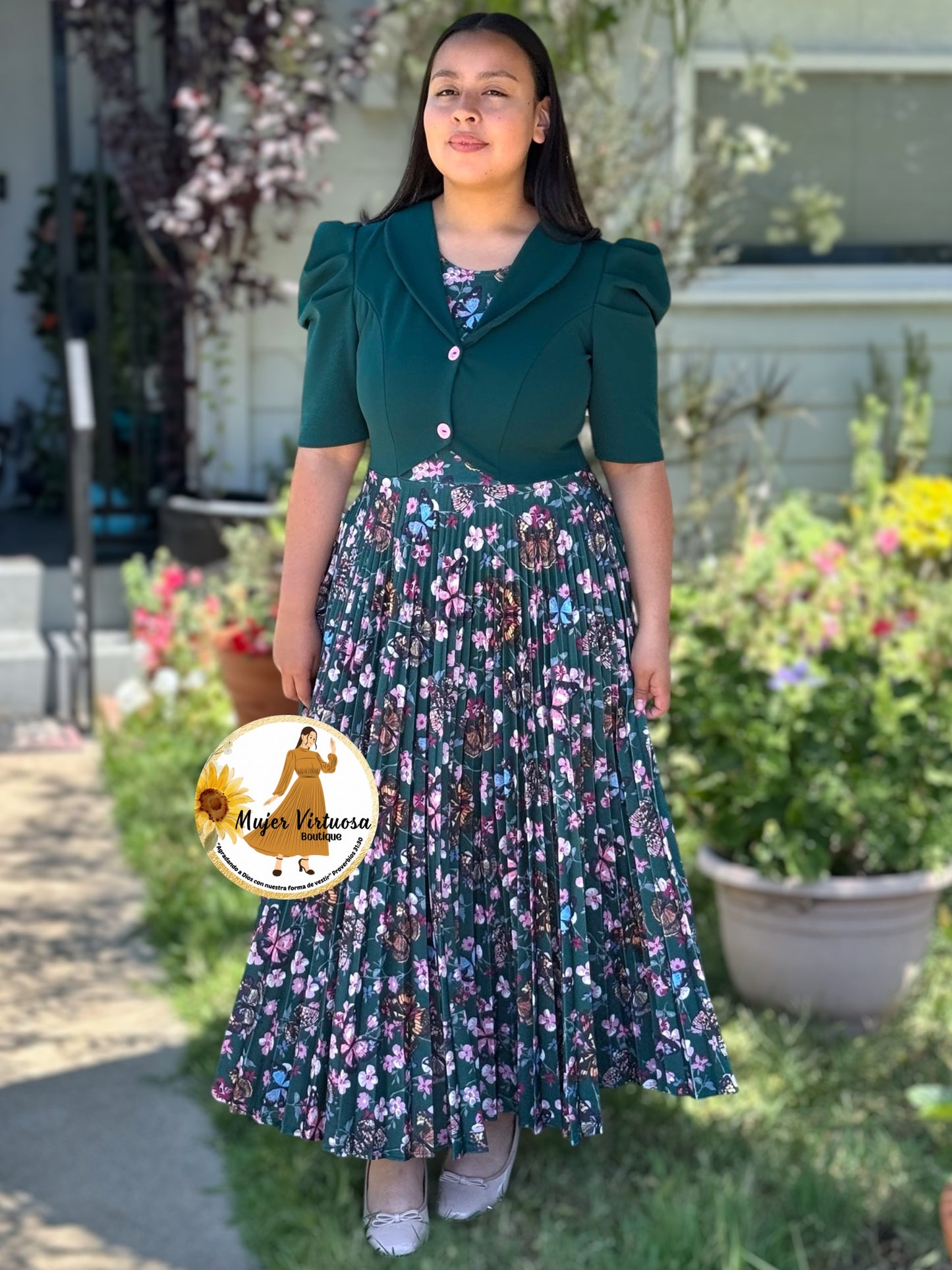 Esther Green Butterfly Pleated Dress